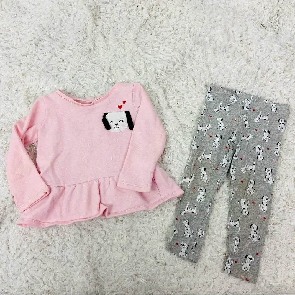 Carter's Pink & Gray dalmatian Dog pink ruffle long sleeve gray stretch leggings - Picture 3 of 17